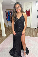 Royal Blue Prom Dress Mermaid Sequined Long Evening Dress with Slit