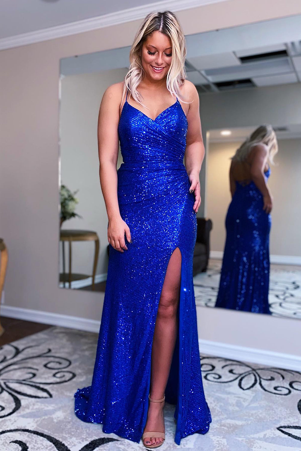 Royal Blue Prom Dress Mermaid Sequined Long Evening Dress with Slit