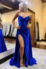 Royal Blue Prom Dress Mermaid Side Cape Long Formal Dress With Slit