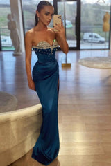 Royal Blue Prom Dress Mermaid Sweetheart Beaded Sleeveless Satin Slit Formal Dress With Rhinestone