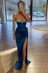 Royal Blue Prom Dress Mermaid Sweetheart Beaded Sleeveless Satin Slit Formal Dress With Rhinestone
