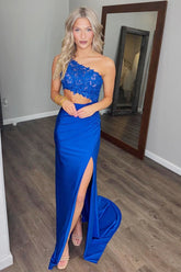 Royal Blue Prom Dress One Shoulder Lace Formal Dress With Slit
