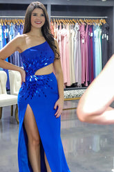 Royal Blue Prom Dress One Shoulder Mirror Cut Out Mermaid Formal Dress