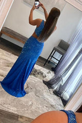 Royal Blue Prom Dress One Shoulder Sheath Long Evening Dress with Slit