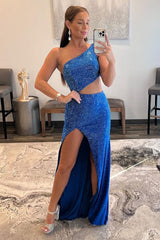 Royal Blue Prom Dress One Shoulder Sheath Long Evening Dress with Slit