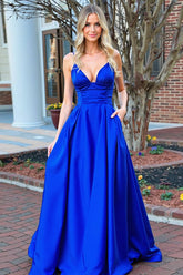 Royal Blue Prom Dress Satin A Line Lace-Up Back Formal Dress