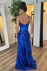 Royal Blue Prom Dress Satin Corset Long Formal Dress With Slit