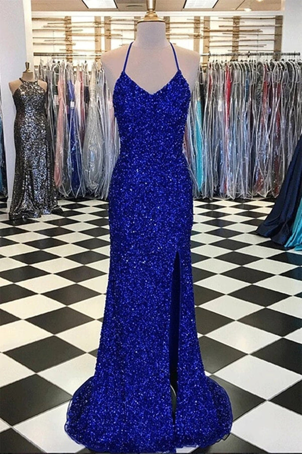 Royal Blue Prom Dress Sequin Mermaid Evening Dress
