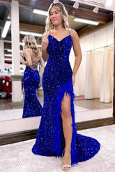 Royal Blue Prom Dress Sequined Long Mermaid Evening Dress with Feathers