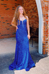 Royal Blue Prom Dress Sequined Mermaid Corset Long Evening Dress
