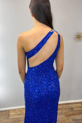 Royal Blue Prom Dress Sequined Mermaid One Shoulder Long Formal Dress With Slit
