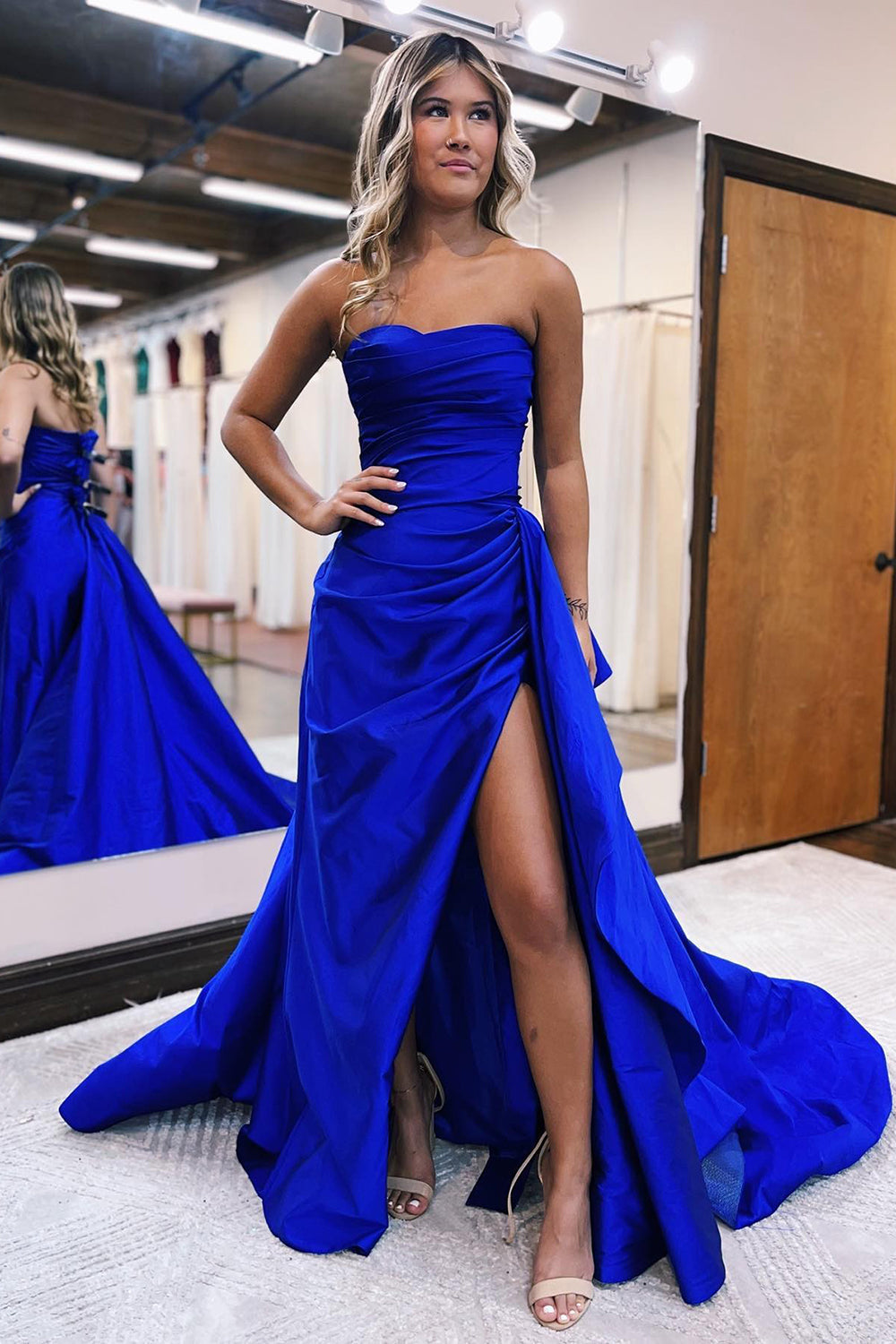 Royal Blue Prom Dress Sheath Strapless Long Evening Dress with Slit