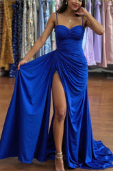 Royal Blue Prom Dress Spaghetti Straps Ruched Long Side Cape Formal Dress With Slit