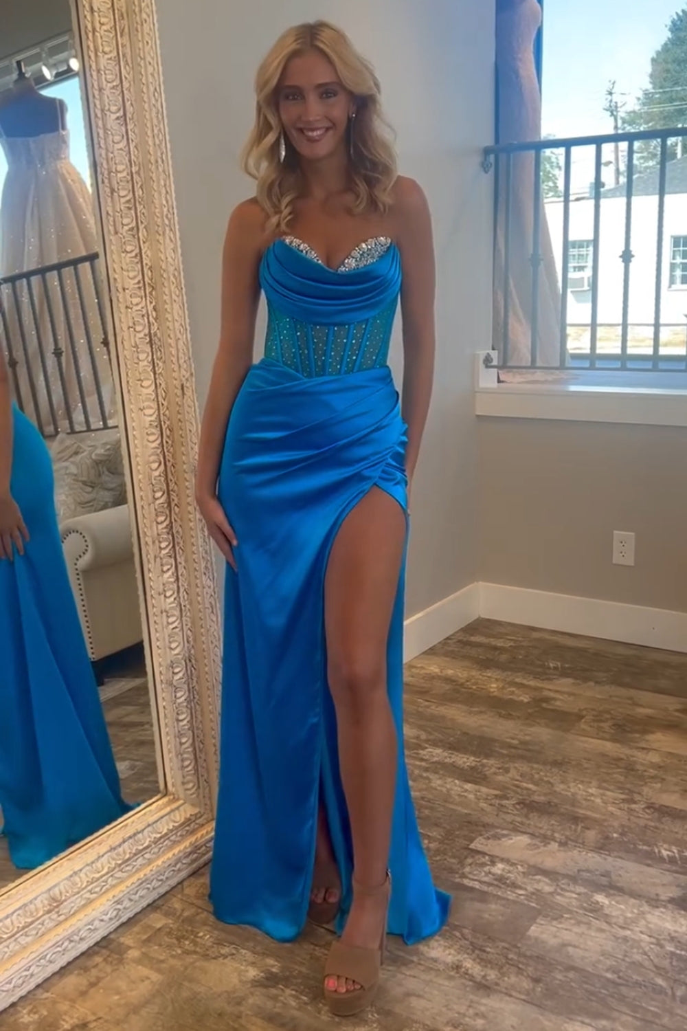 Royal Blue Prom Dress Sweetheart Corset Evening Dress with Slit