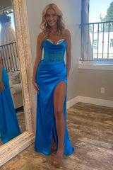 Royal Blue Prom Dress Sweetheart Corset Evening Dress with Slit