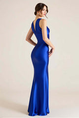 Royal Blue Prom Dress V-Neck Satin Sheath Sleeveless Long Formal Dress