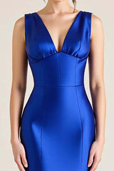 Royal Blue Prom Dress V-Neck Satin Sheath Sleeveless Long Formal Dress