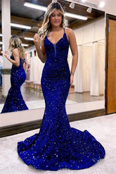 Royal Blue Sequined Velvet Formal Dress Spaghetti Strap Long Mermaid Evening Dress