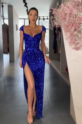 Royal Blue Sequins Cap Sleeve Prom Dress Split