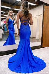 Royal Blue Sequins V Neck Spaghetti Strap Evening Dress
