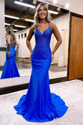 Royal Blue Sequins V Neck Spaghetti Strap Evening Dress