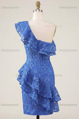 Royal Blue One-Shoulder Lace Beaded Ruffled Tight Short Homecoming Dress
