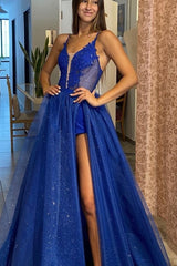 Royal Blue Spaghetti Straps Evening Dress with Appliques and Split