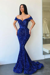 Royal Blue Sweetheart Off The Shoulder Mermaid Evening Dress with Sequins