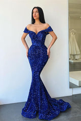 Royal Blue Sweetheart Off The Shoulder Mermaid Evening Dress with Sequins