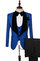 Royal Blue Three Piece Jacquard Shawl Lapel Wedding Suit
