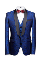 Royal Blue Three Piece Jacquard Wedding Suit for Men