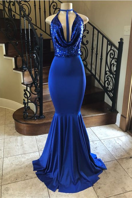 Royal Blue V Neck Mermaid Long Evening Dress