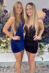 Royal Blue Velvet Cocktail Dress Spaghetti Straps Tight Short Christmas Party Dress