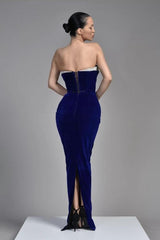 Royal Blue Velvet Formal Dress Sleeveless V Neck Evening Dress