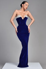 Royal Blue Velvet Formal Dress Sleeveless V Neck Evening Dress