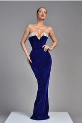 Royal Blue Velvet Formal Dress Sleeveless V Neck Evening Dress