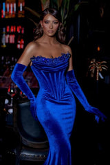 Royal Blue Velvet Formal Dress Strapless Beading Mermaid Evening Dress