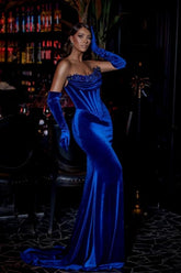 Royal Blue Velvet Formal Dress Strapless Beading Mermaid Evening Dress