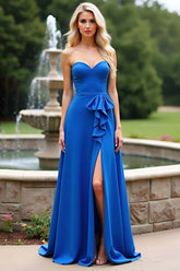 Royal Blue Wedding Guest Dress Sweetheart Satin Long Formal Dress With Slit