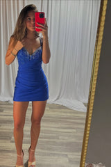 Royal Blue Bodycon V Neck Short Corset Homecoming Dress with Beading