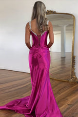 Ruched Fuchsia Prom Dress Satin Long Formal Dress With Slit