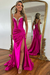 Ruched Fuchsia Prom Dress Satin Long Formal Dress With Slit