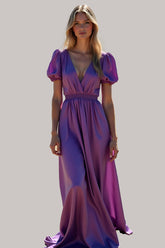 Ruched Long Backless Purple Wedding Guest Dress Formal Dress With Puff Sleeves