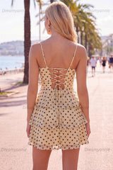 Ruffled A Line Keyhole Champagne Black Dot Short Homecoming Dress