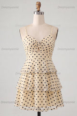 Ruffled A Line Keyhole Champagne Black Dot Short Homecoming Dress