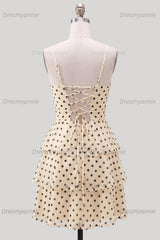 Ruffled A Line Keyhole Champagne Black Dot Short Homecoming Dress