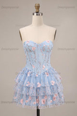 Ruffled Beaded Light Blue Corset Floral Tiered Short Homecoming Dress