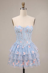Ruffled Beaded Light Blue Corset Floral Tiered Short Homecoming Dress