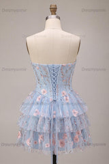 Ruffled Beaded Light Blue Corset Floral Tiered Short Homecoming Dress