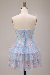 Ruffled Beaded Light Blue Corset Floral Tiered Short Homecoming Dress